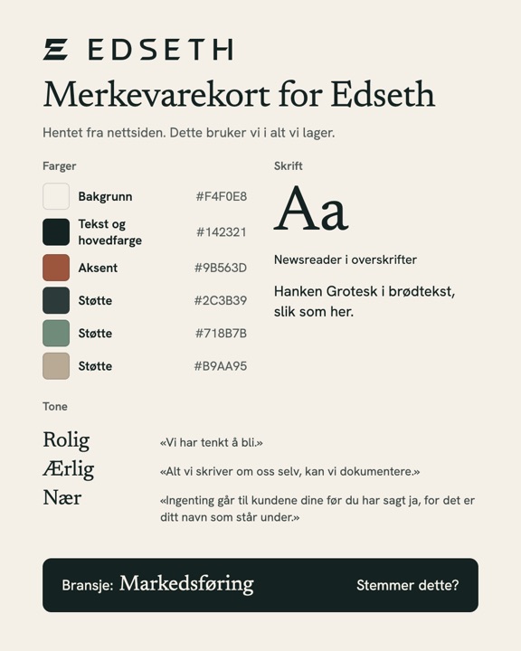 Merkevarekort for Edseth med farger, skrift, tone og bransje.